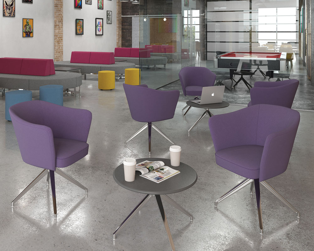 3 Swivel chairs in purple fabric around a small circular coffee table