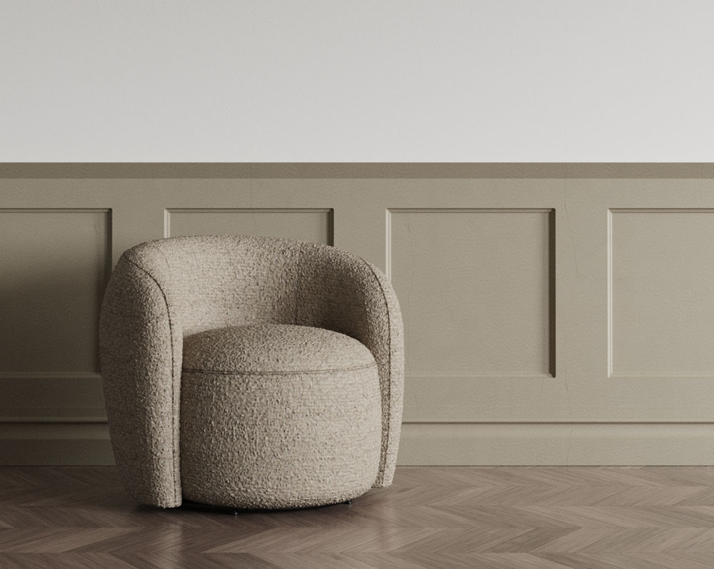 Swivel lounge chair in cream boucle fabric