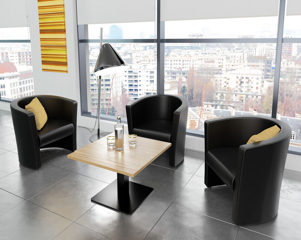 Three tub chairs in black around a square coffee table