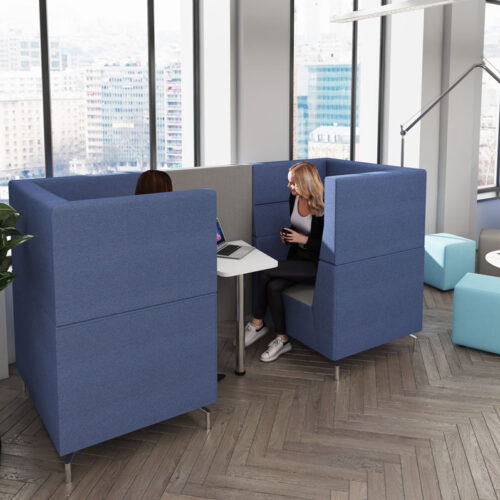 Two seater meeting booths in blue fabric with white meeting table