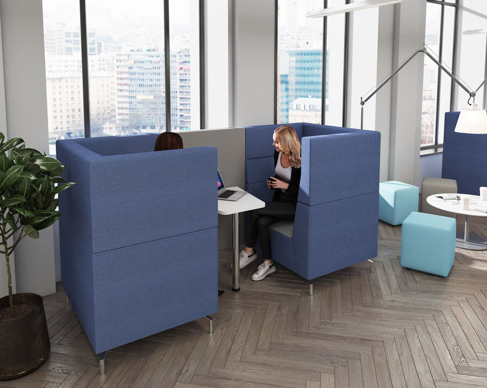 Two seater meeting booths in blue fabric with white meeting table