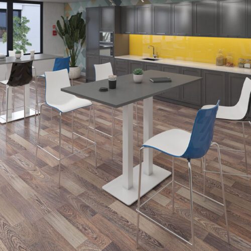 Café and bistro poseur stools with one piece two tone shell, and a rectangular poseur table