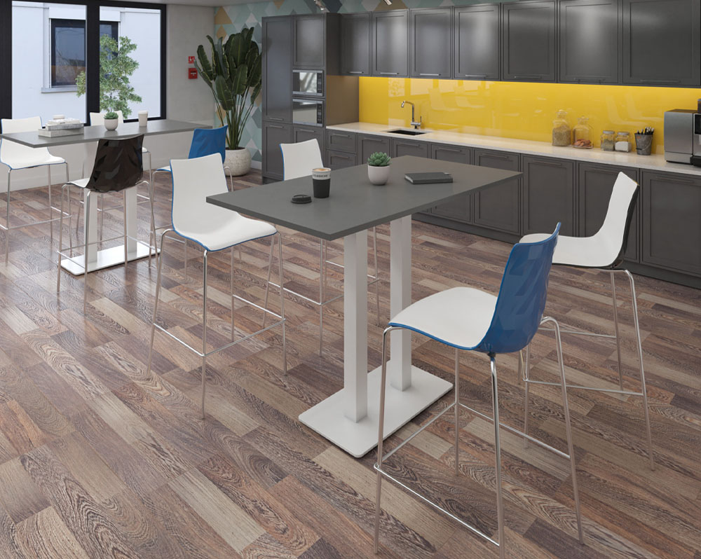 Café and bistro poseur stools with one piece two tone shell, and a rectangular poseur table