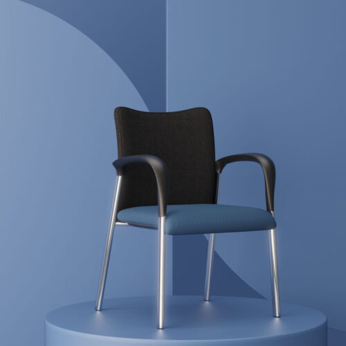 4 legged waiting room chairs with fabric blue seat and black back Legged