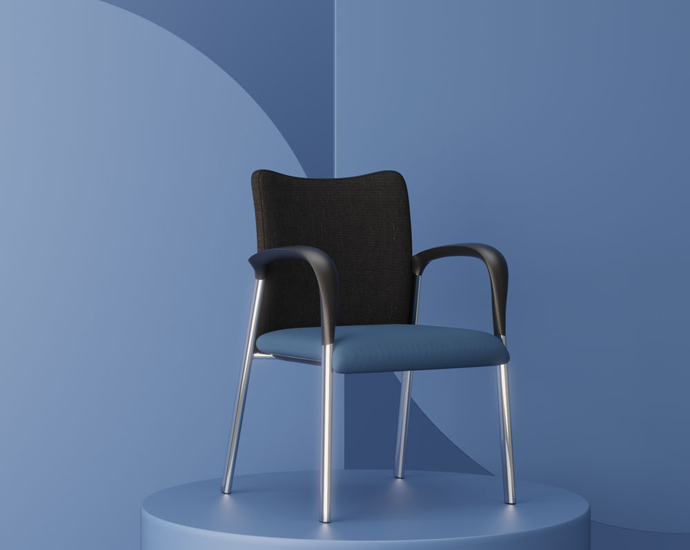4 legged waiting room chairs with fabric blue seat and black back Legged