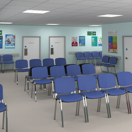 Waiting room chairs in blue fabric and with a black frame, in a NHS hospital waiting room