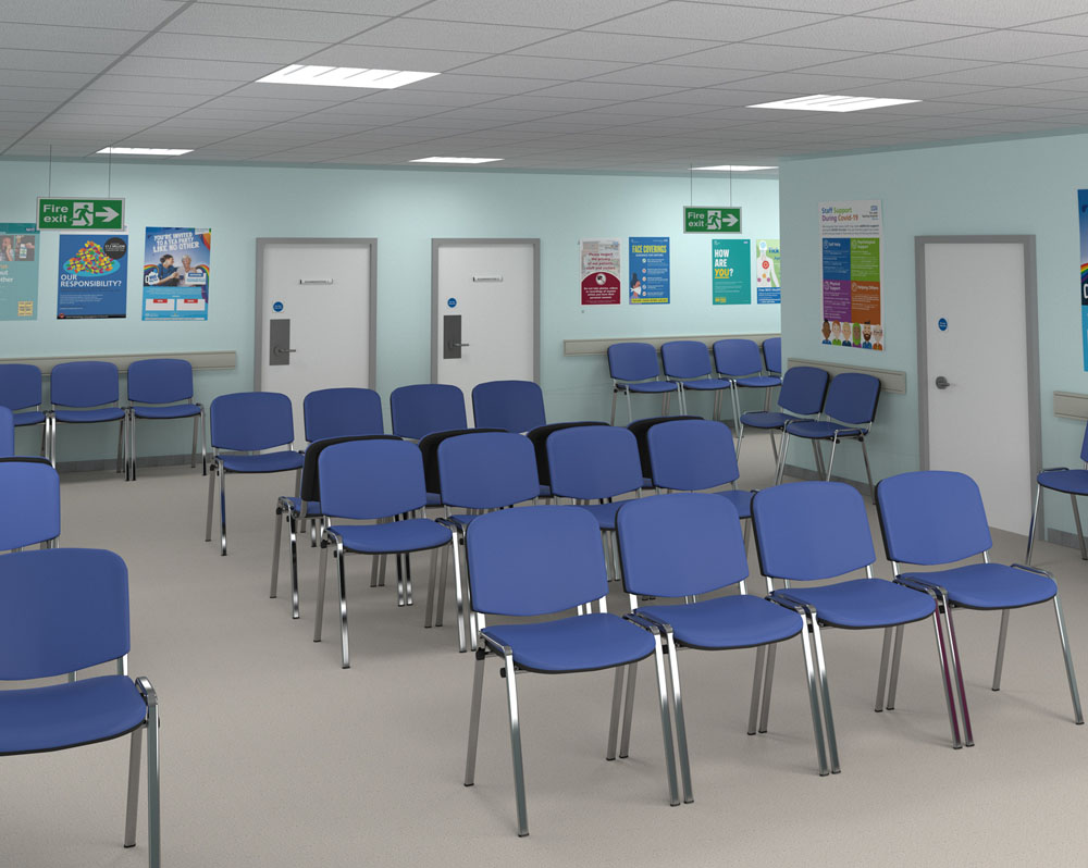 Waiting room chairs in blue fabric and with a black frame, in a NHS hospital waiting room