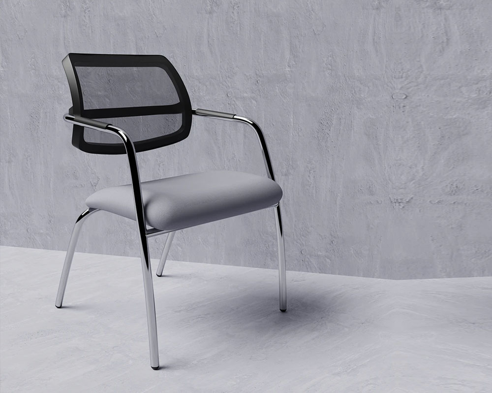 Waiting room chair with grey fabric seat and floating mesh back