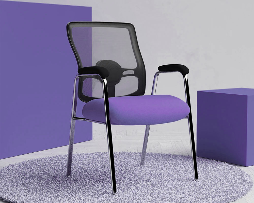 Heavy duty waiting room chair, with purple fabric seat and mesh back chair