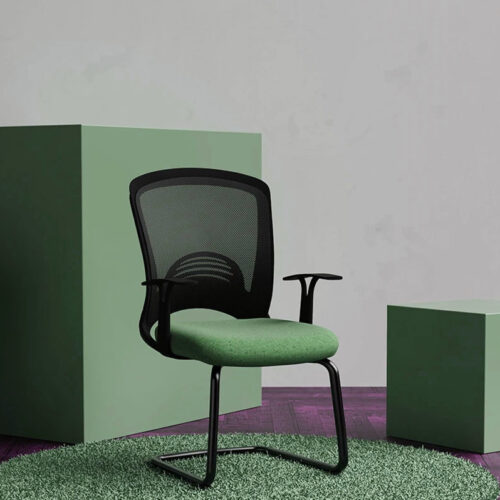 Waiting room chairs with green fabric seat and black mesh back, and black cantilever frame