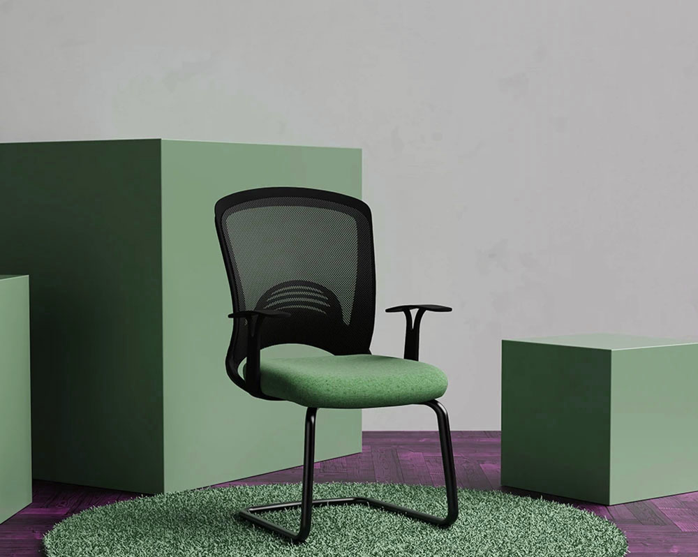 Waiting room chairs with green fabric seat and black mesh back, and black cantilever frame