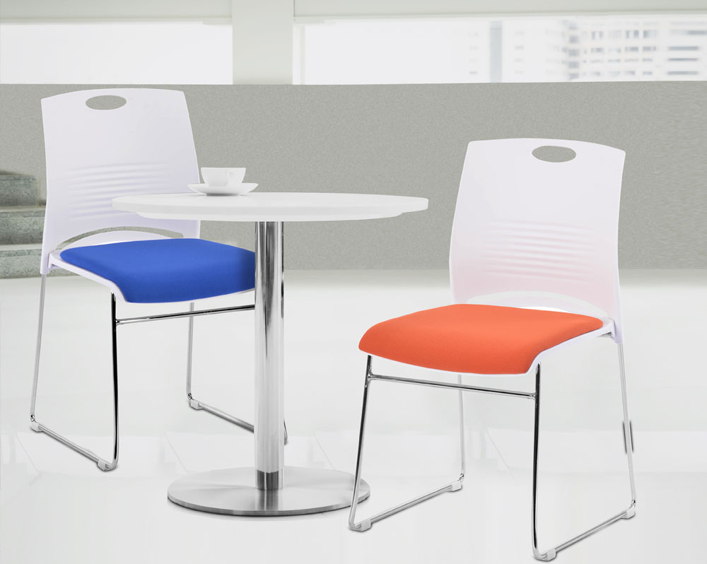 Two waiting room chairs in white with a chrome sled frame