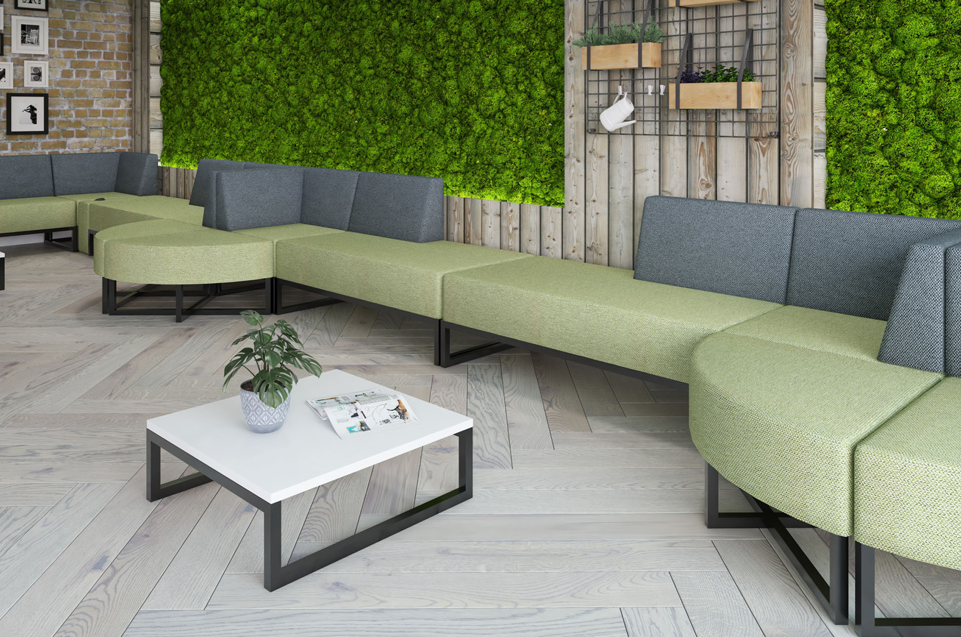 Configurable seating in two tone green and grey fabric in a large waiting room