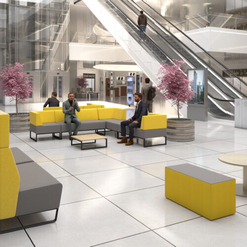 An assortment of soft seating in a large waiting room