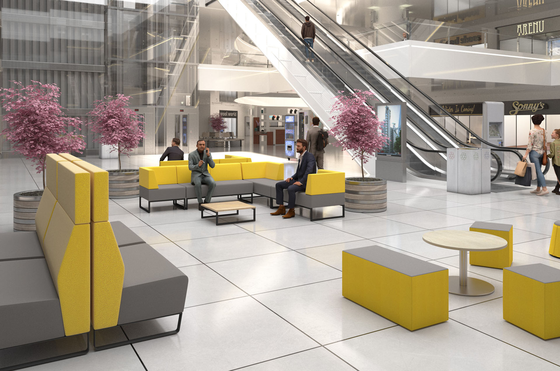 An assortment of soft seating in a large waiting room