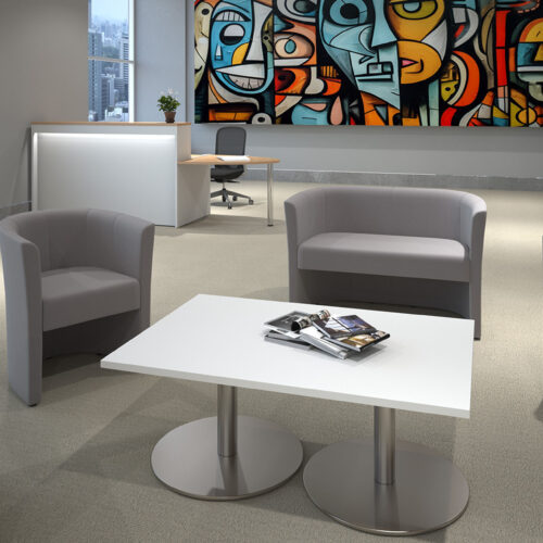 Waiting room tub chairs and sofas, all in grey fabric, and rectangular coffee table in white