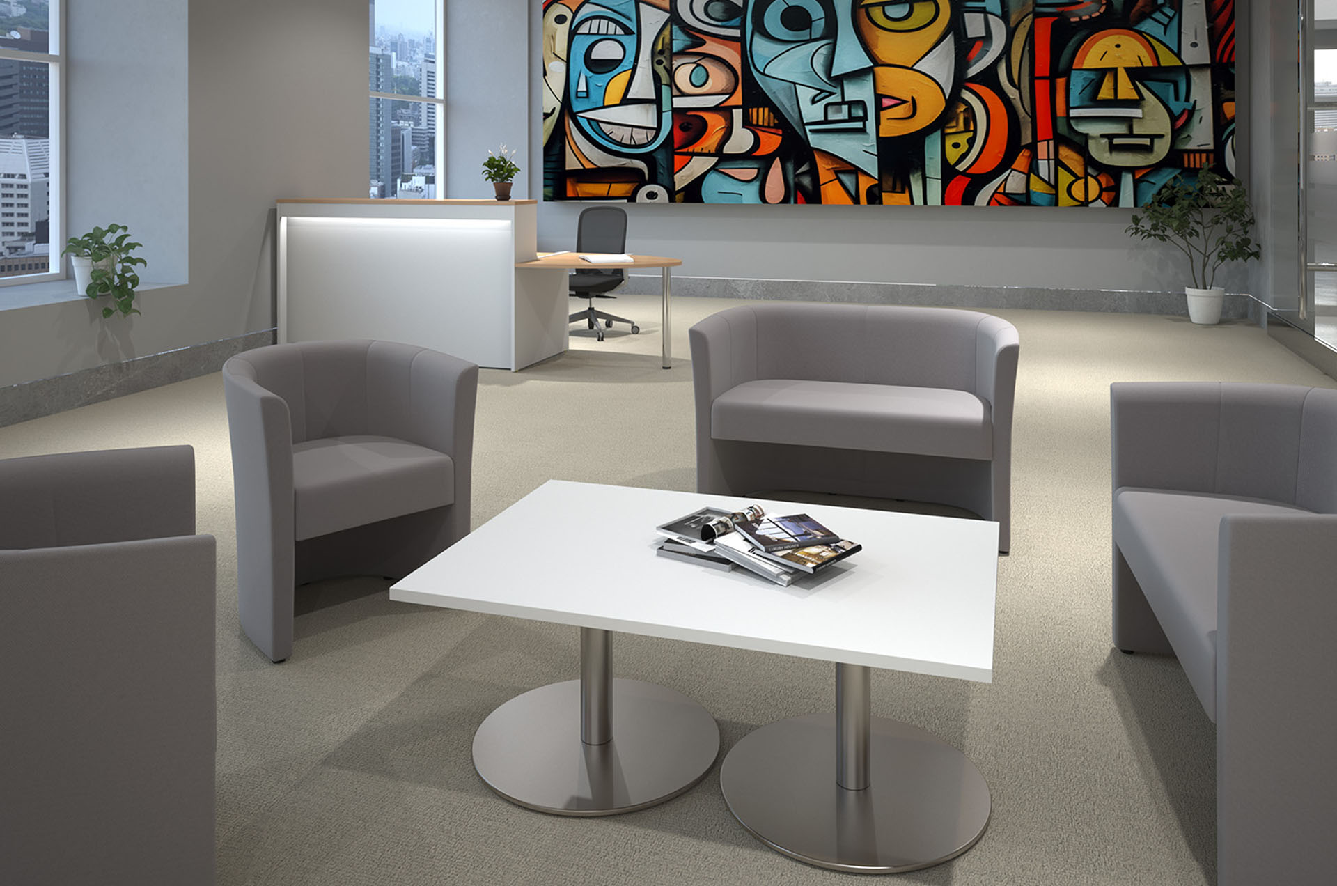 Waiting room tub chairs and sofas, all in grey fabric, and rectangular coffee table in white