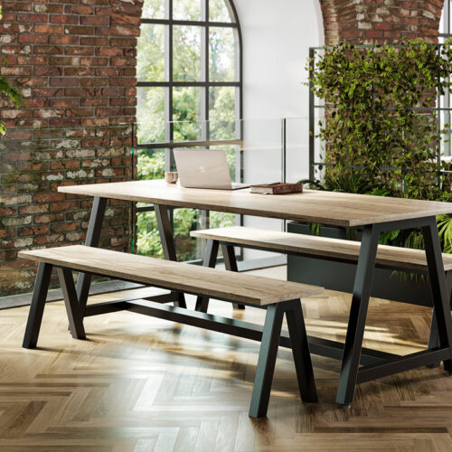 A-Frame leg table and bench seating in an open plan office