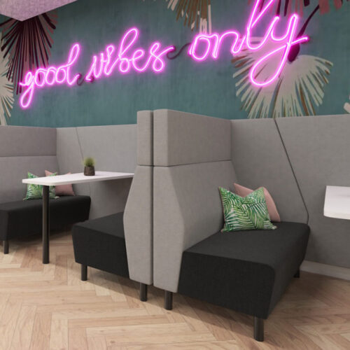 Affordable meeting booths in a modern diner.