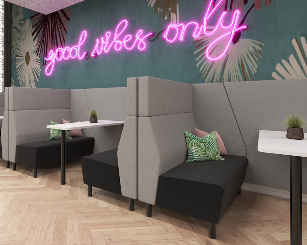 Affordable meeting booths in a modern diner.