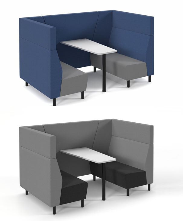two affordable meeting booths. The top image has a blue back and grey seat, and the bottom image has a grey back and black fabric seat.