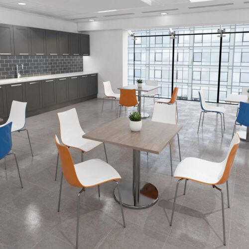 Cafe and bistro tables in a large modern canteen