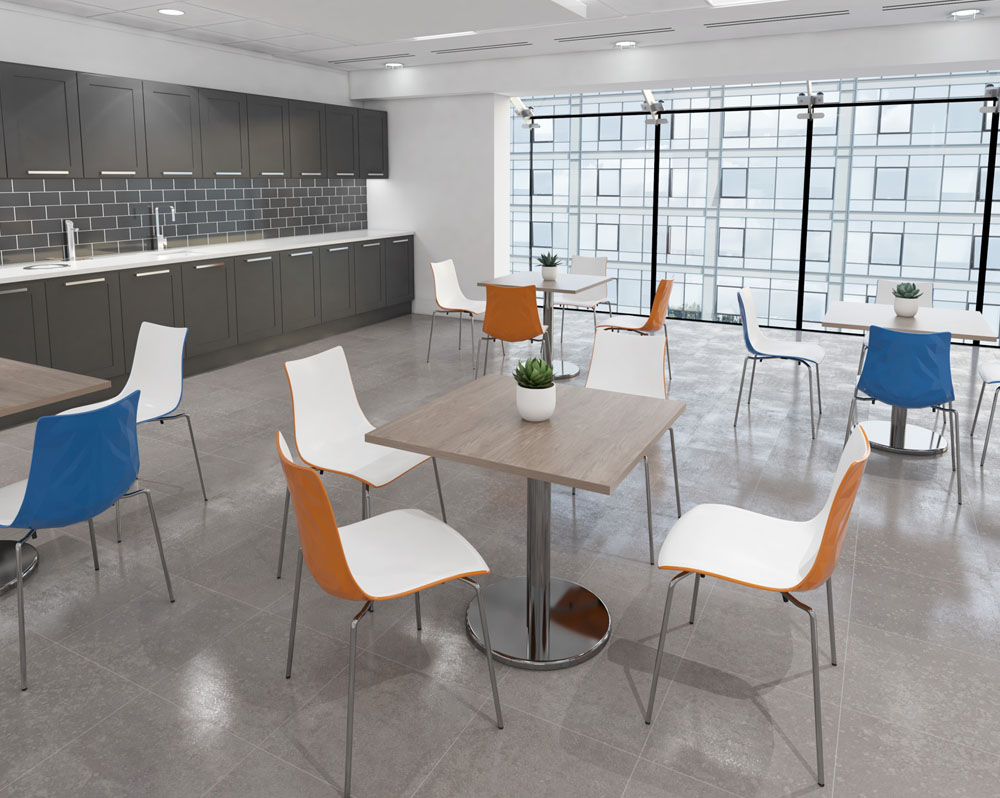 Cafe and bistro tables in a large modern canteen