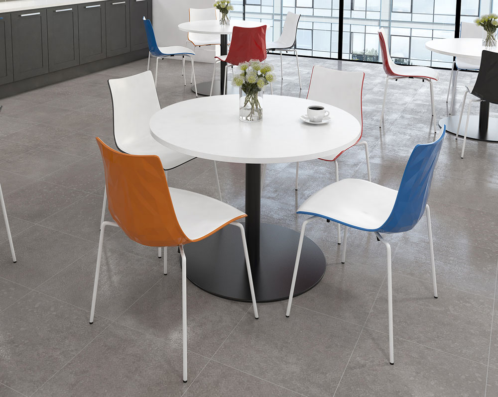 White canteen table with a circular base, surrounded by 4 canteen chairs