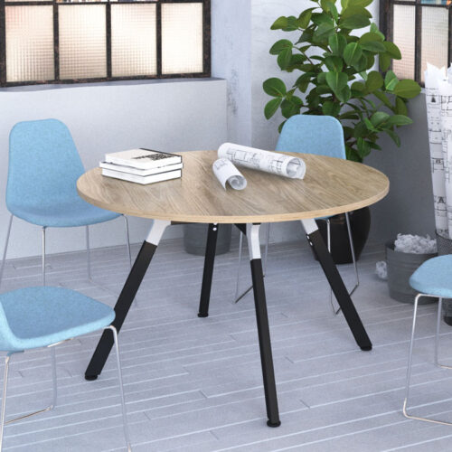 Circular table with 4 light blue meeting chairs
