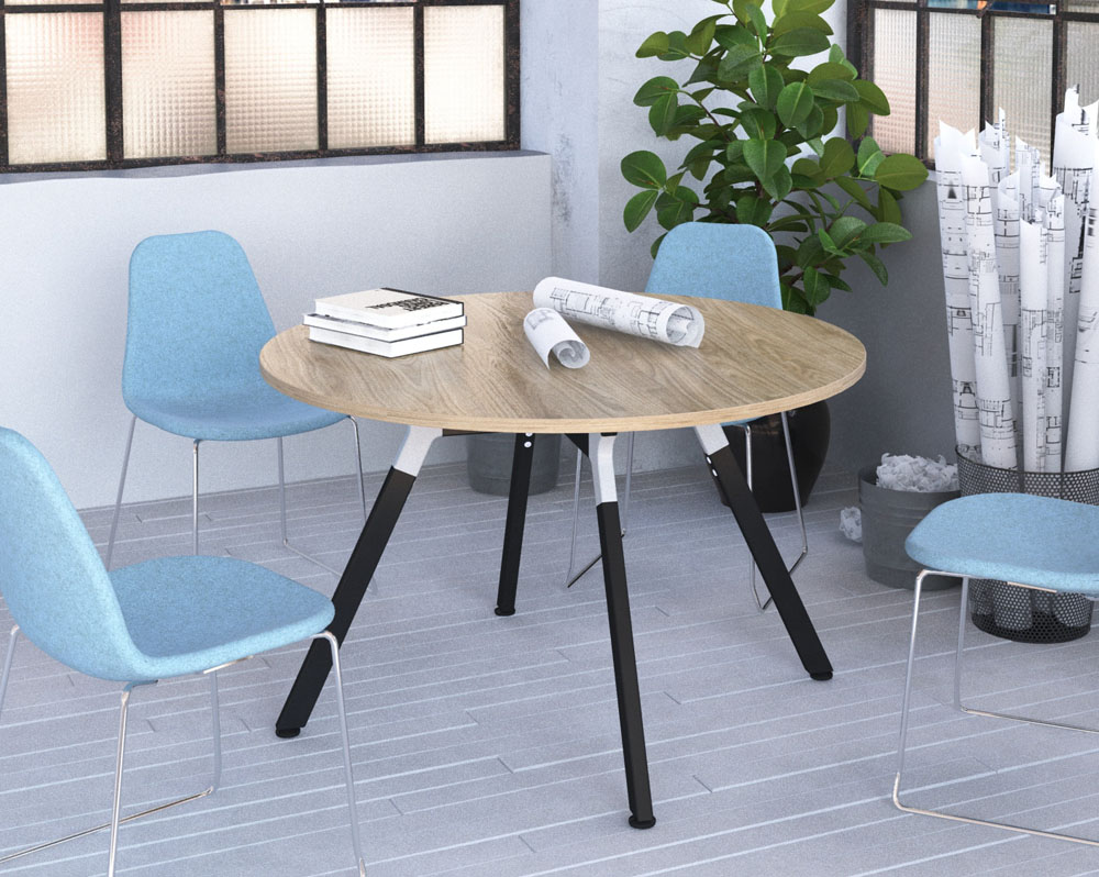 Circular table with 4 light blue meeting chairs