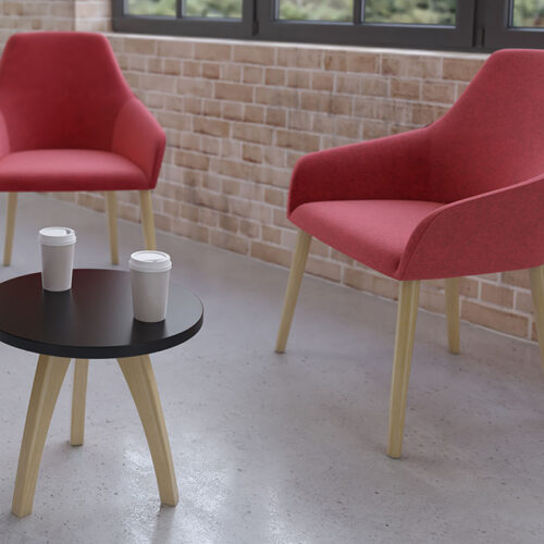 Small round Enable coffee table and 2 lounge chairs