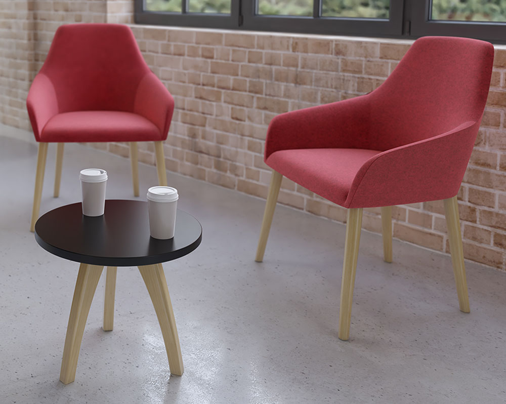Small round Enable coffee table and 2 lounge chairs