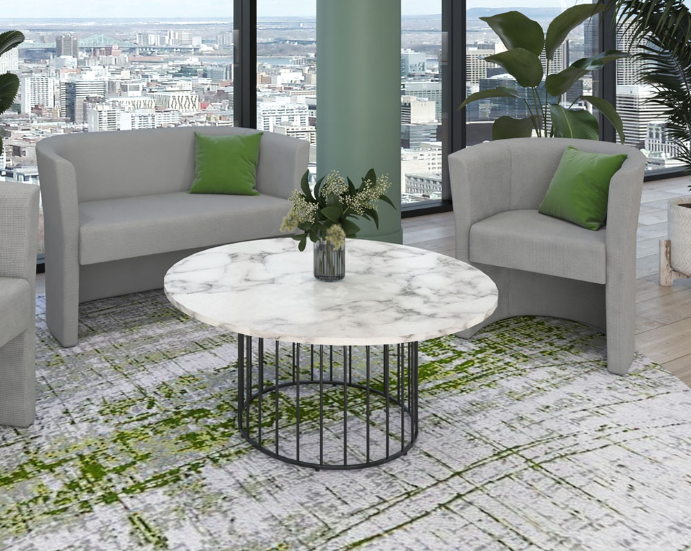 Large round Este coffee table with marble effect top and ornate base