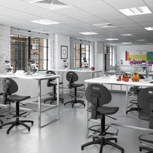 Laboratory tables in a school lab