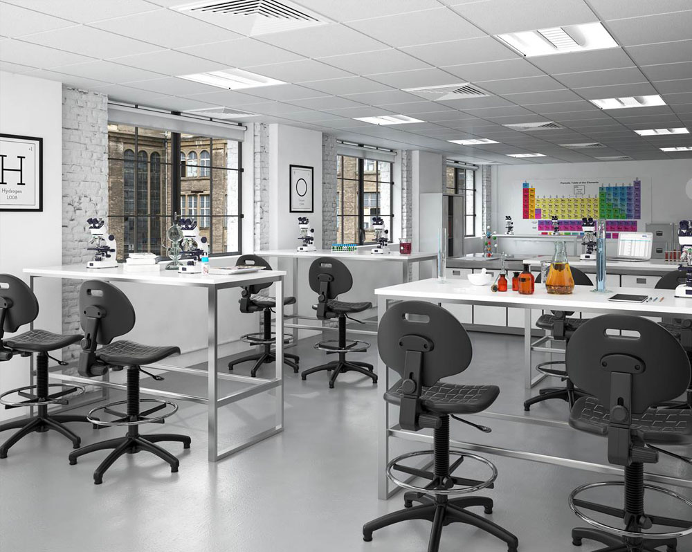 Laboratory tables in a school lab