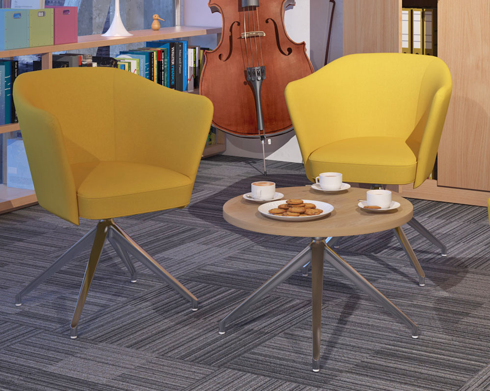 small round Otis coffee table, with beach top and chrome tripod base. And two yellow lounge chairs