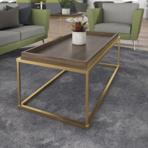 A rectangular Parma coffee table, with a dark wood tray top and gold frame