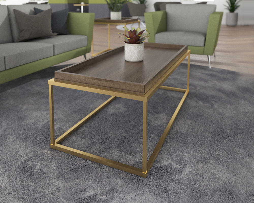 A rectangular Parma coffee table, with a dark wood tray top and gold frame