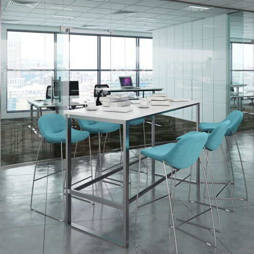 A poseur height meeting table surrounded by 4 high stools