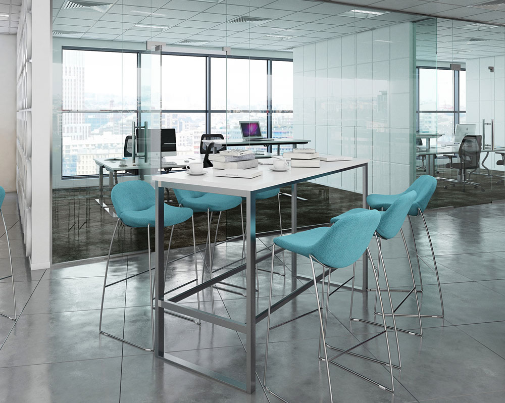 A poseur height meeting table surrounded by 4 high stools