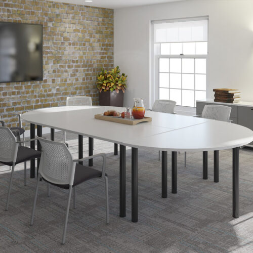 4 radial leg meeting tables, surrounded by grey meeting chairs