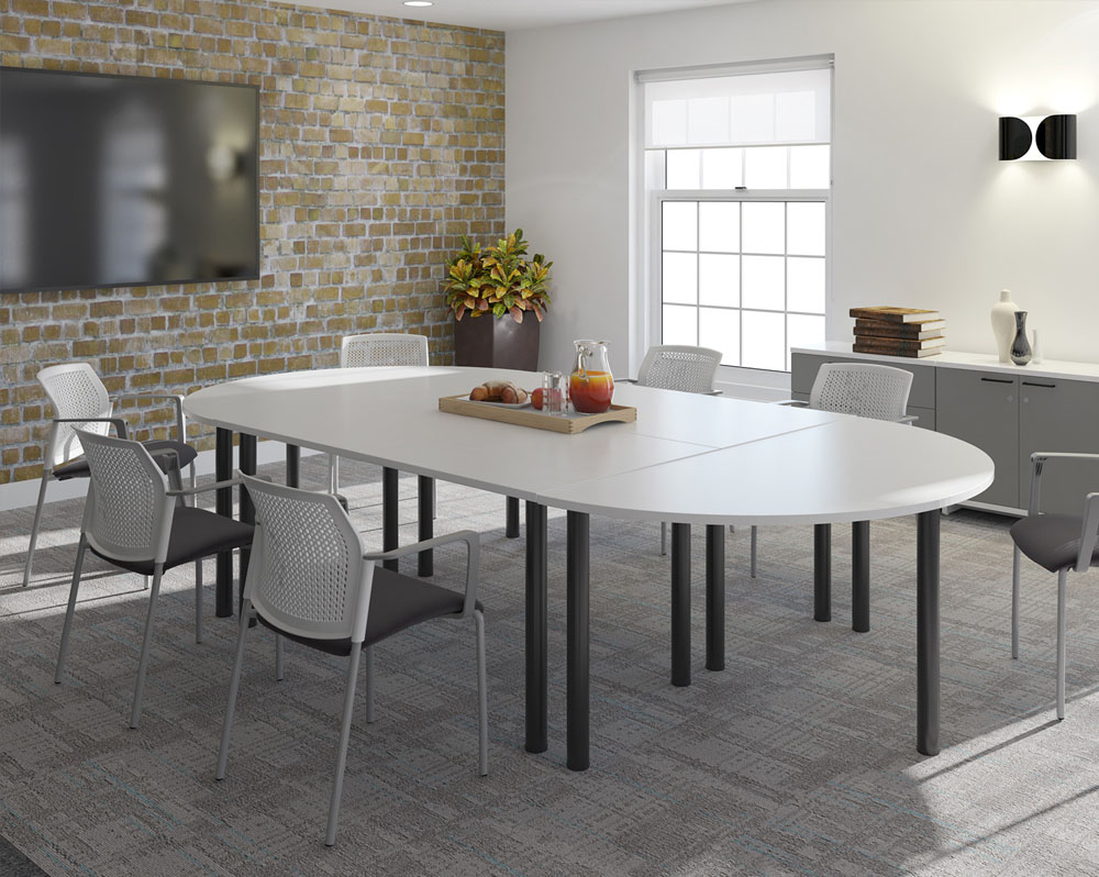 4 radial leg meeting tables, surrounded by grey meeting chairs
