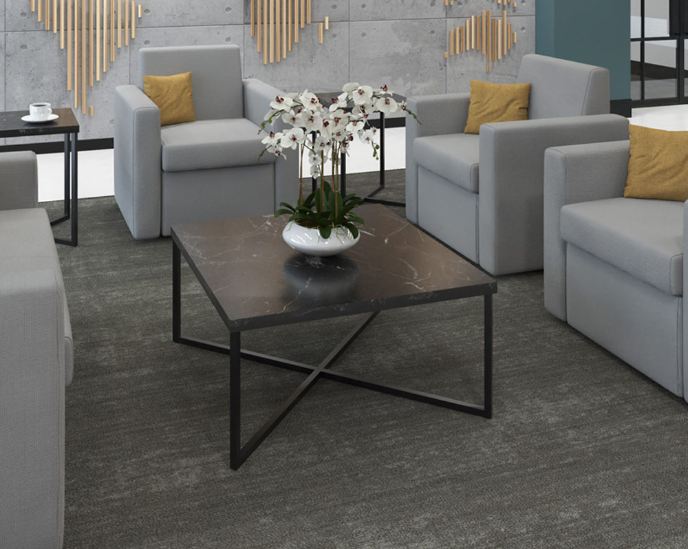 A square Siano coffee table with X-shaped black frame and lotus finish top