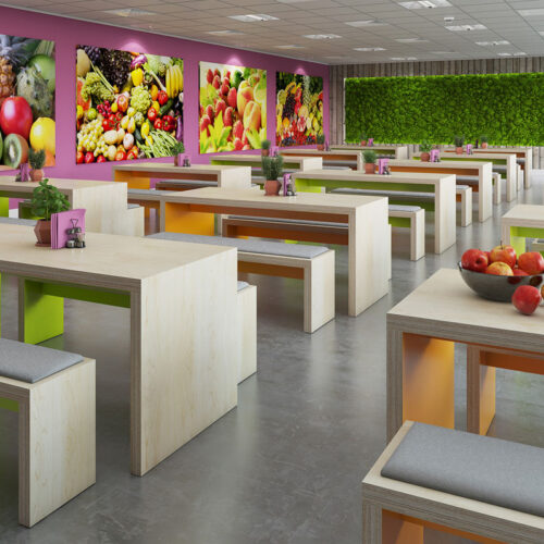 Lots of slab end tables in a modern canteen area