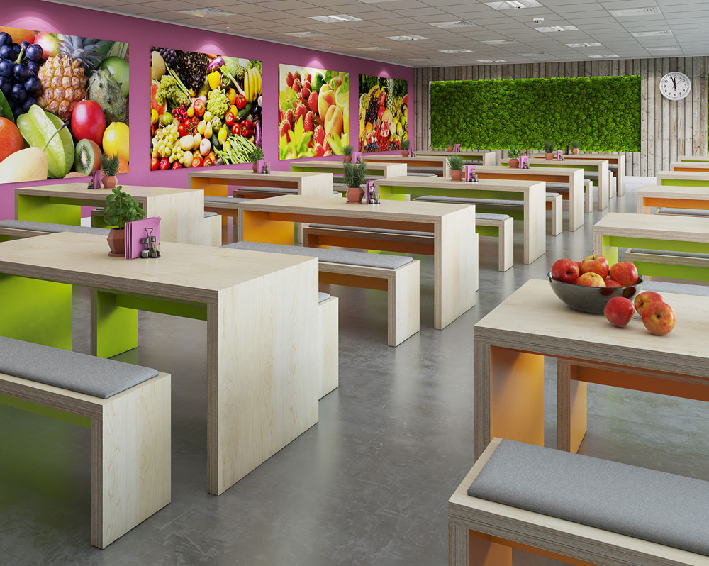 Lots of slab end tables in a modern canteen area