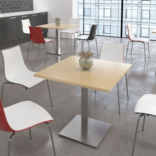 Canteen table with square base, surrounded by 4 canteen chairs