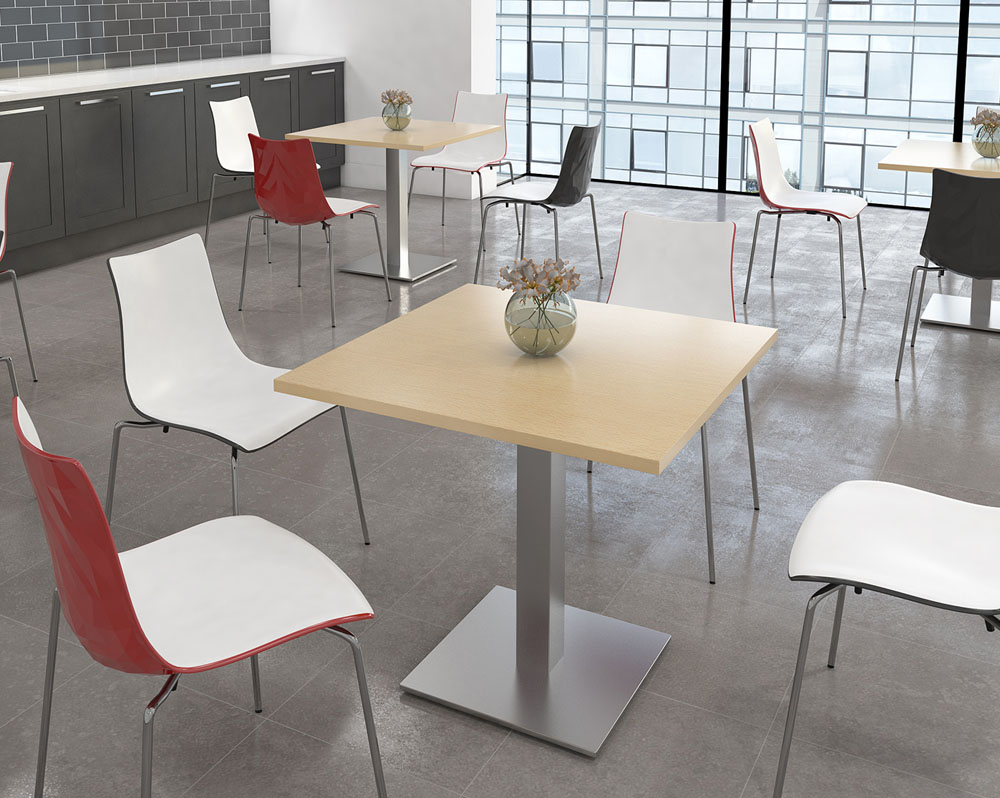 Canteen table with square base, surrounded by 4 canteen chairs
