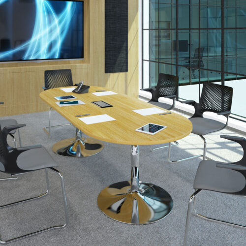 Trumpet base boardroom table and meeting chairs, in a modern boardroom.